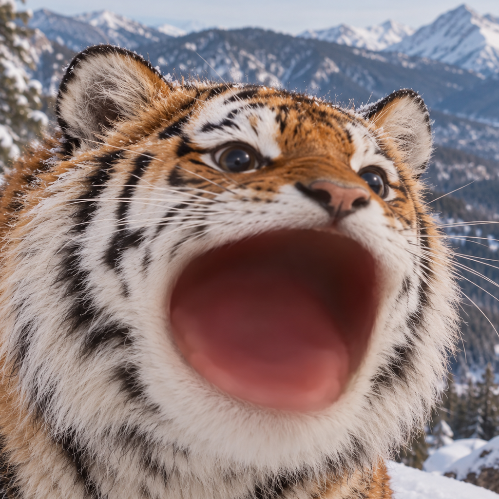 POPALTAI tiger roaring in the snowy Altai mountains